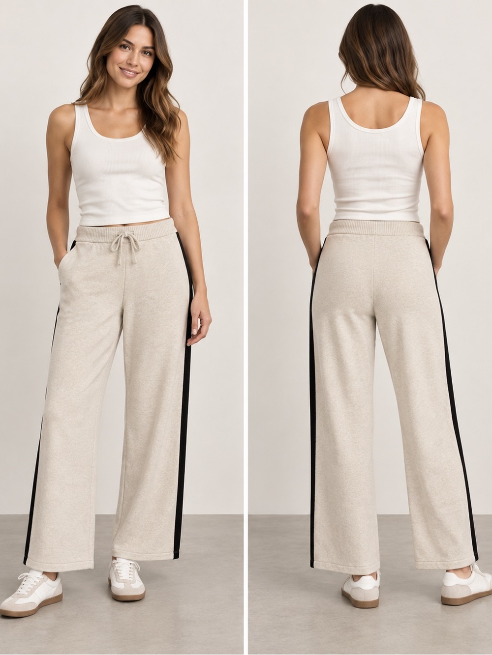 Bella Dahl Knit Wide Leg Pants – Cream/Beige with Black Side Stripe – Size M